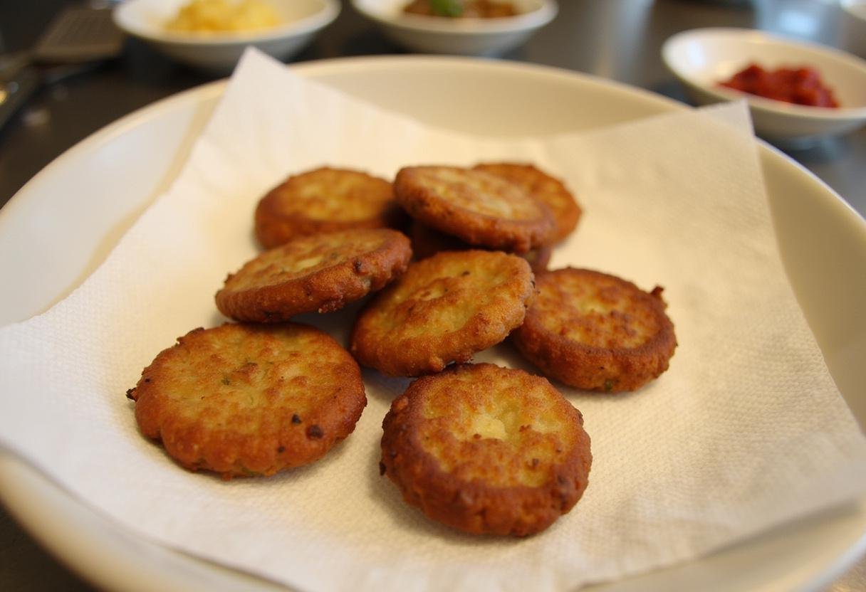 Golden and crispy butternut squash fritters being drained on paper towels.
