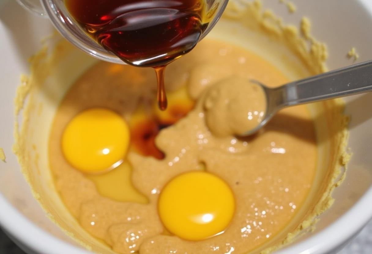 Eggs being added to peanut butter mixture with vanilla extract