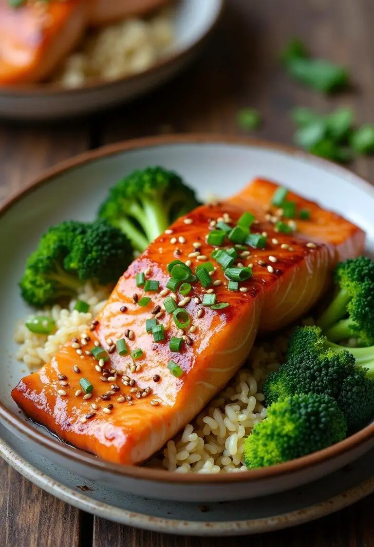 Finished Honey Garlic Salmon & Broccoli dish, ready to be enjoyed.