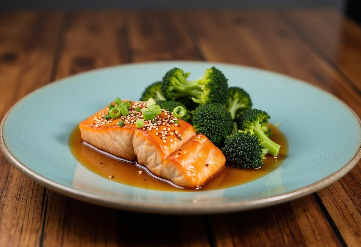 Finished Honey Garlic Salmon & Broccoli dish, ready to be enjoyed.