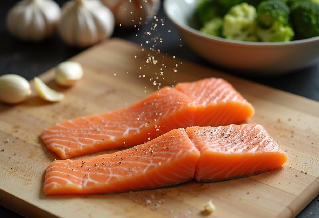 Seasoning salmon fillets for Honey Garlic Salmon & Broccoli dish preparation.