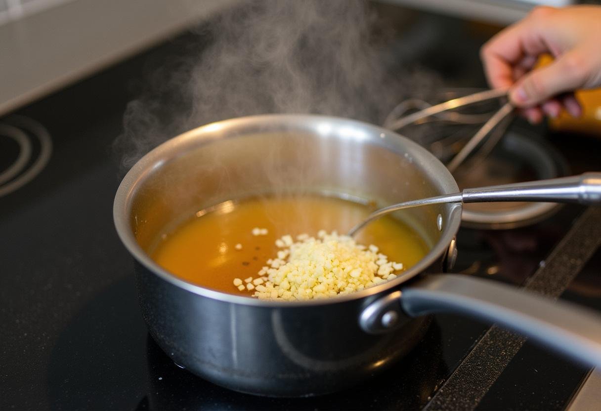 Honey and garlic mixture cooking in a saucepan for Honey Garlic Salmon & Broccoli recipe.
