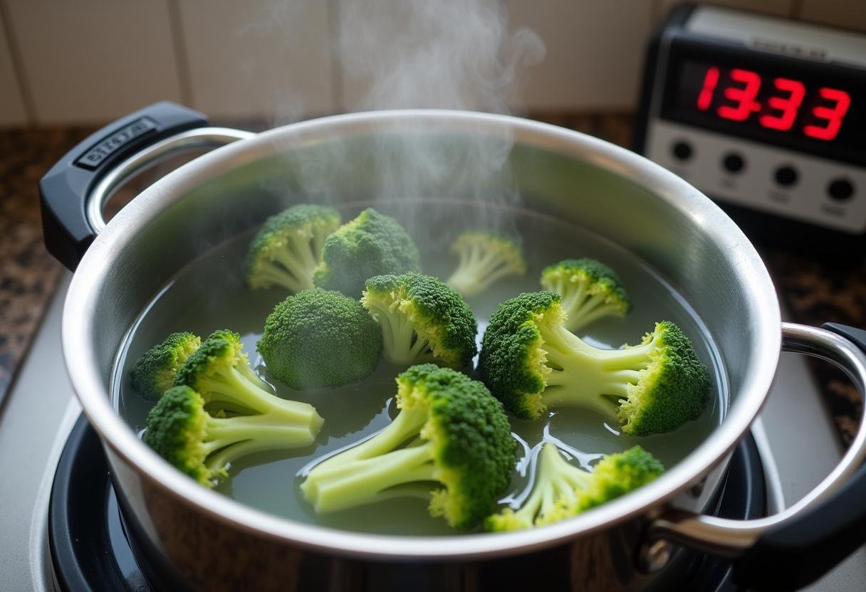 Blanching broccoli for Honey Garlic Salmon & Broccoli dish preparation.
