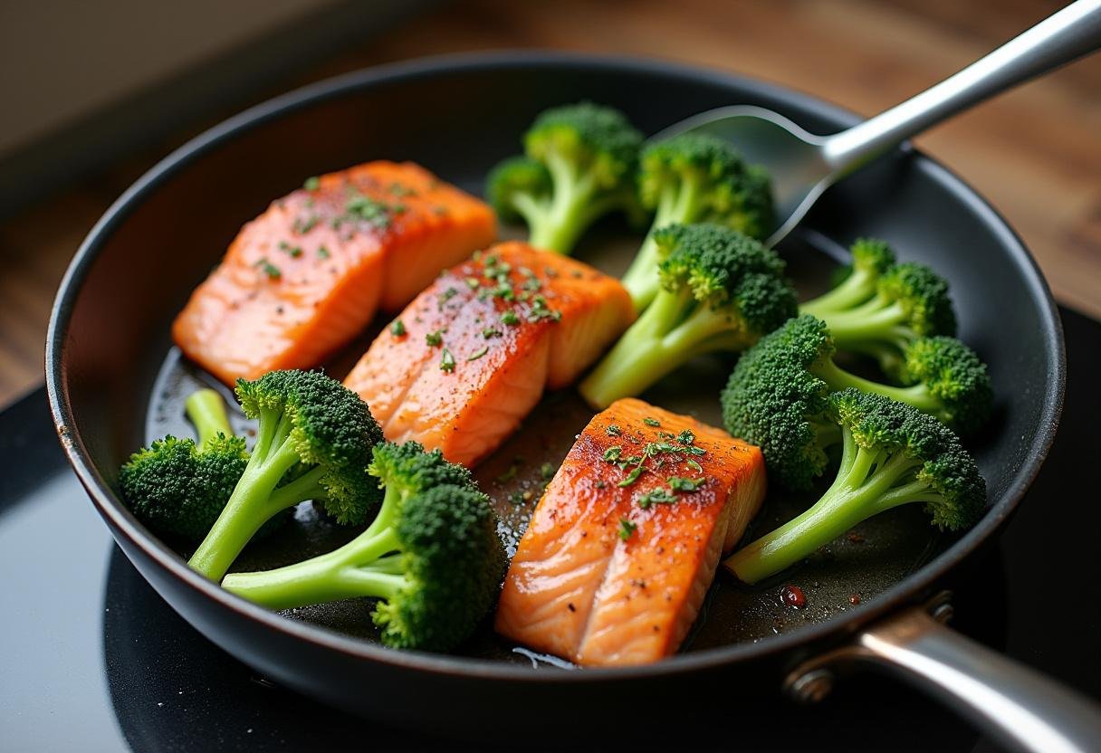 Cooking salmon and broccoli in a skillet for Honey Garlic Salmon & Broccoli recipe.