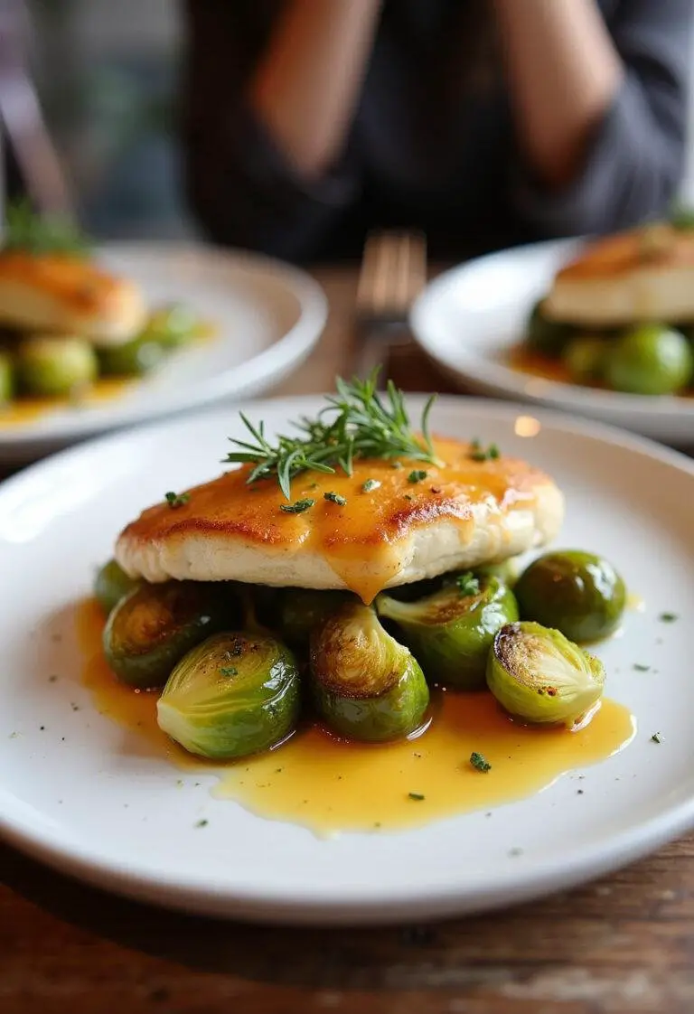 Delicious Honey Mustard Chicken with Brussels Sprouts, ready to serve for a comforting meal.