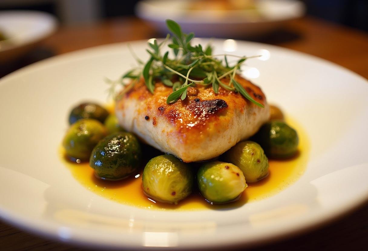 Delicious Honey Mustard Chicken with Brussels Sprouts, ready to serve for a comforting meal.