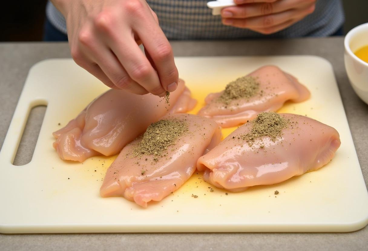 Seasoning raw chicken breasts with spices for Honey Mustard Chicken recipe.