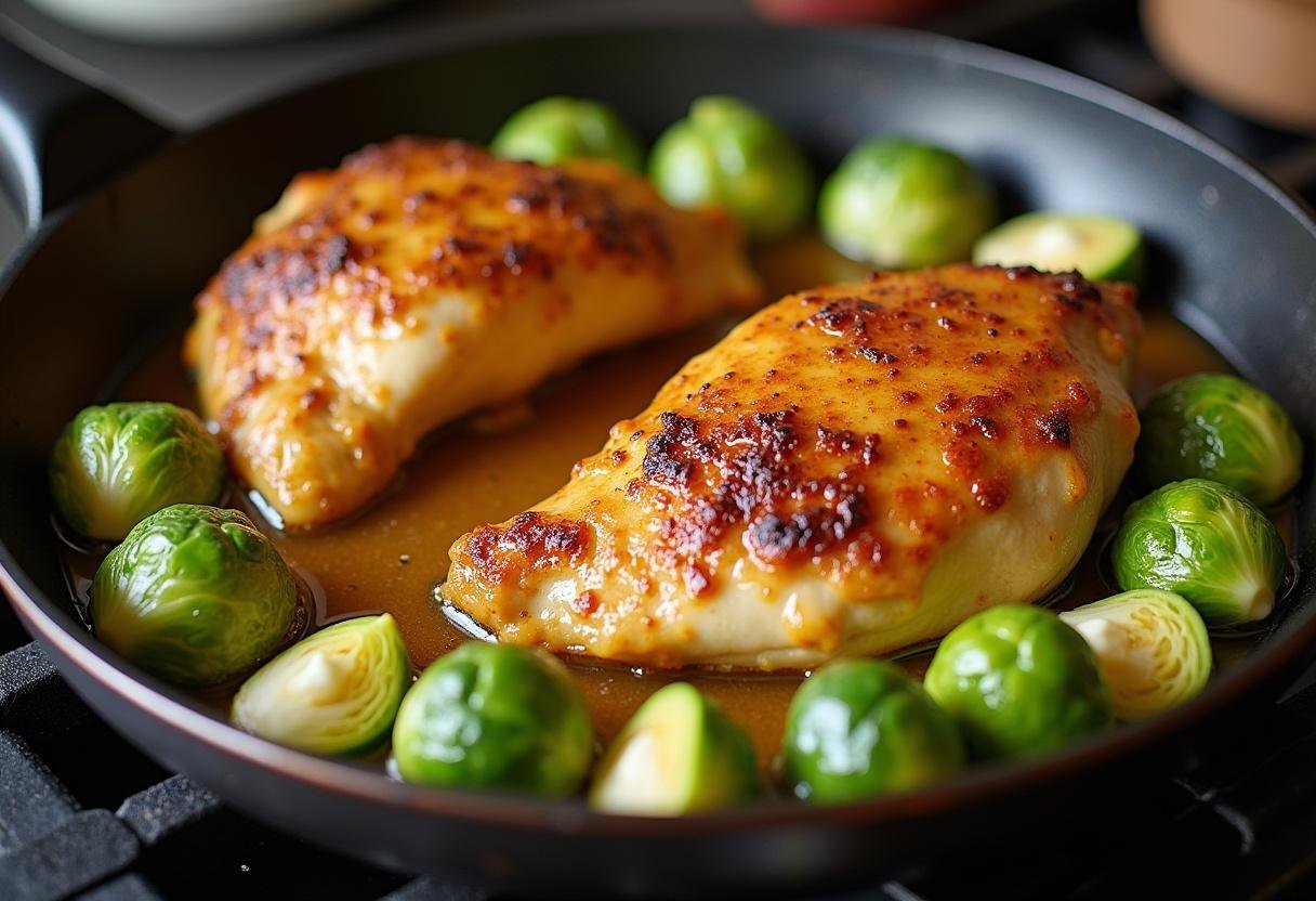 Cooking honey mustard chicken and Brussels sprouts in a skillet for a delicious meal.