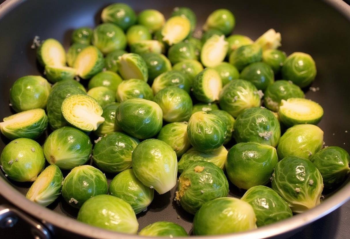 Preparation of seasoned Brussels sprouts for Honey Mustard Chicken & Brussels Sprouts dish.