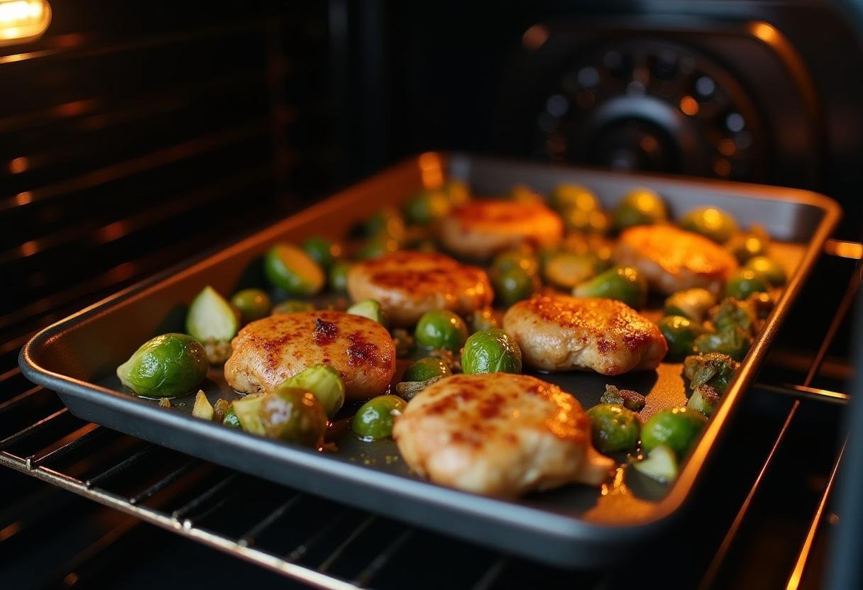 Honey mustard chicken and Brussels sprouts roasting in the oven until golden brown.
