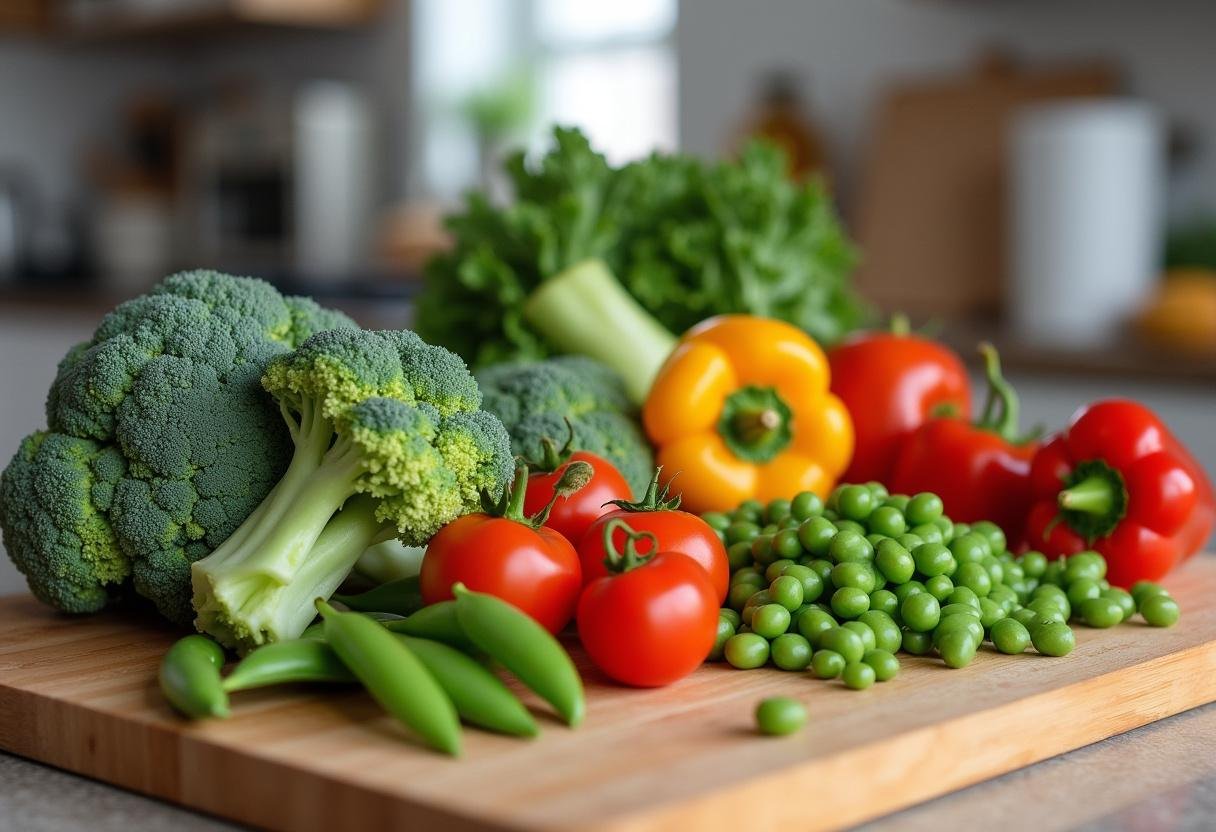 Chopped fresh vegetables for Lean Protein & Greens Stir-Fry on a cutting board.