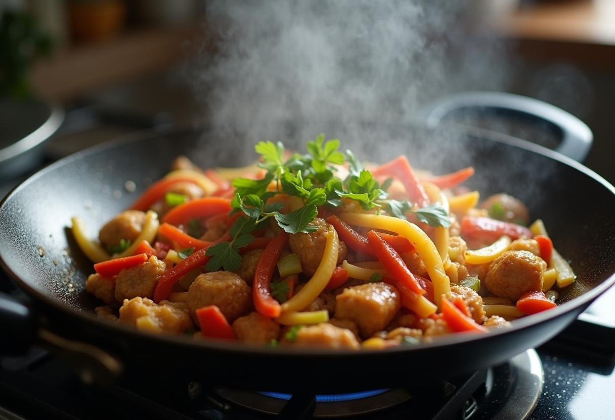 Cooking Lean Protein & Greens Stir-Fry with vegetables and protein in a frying pan.