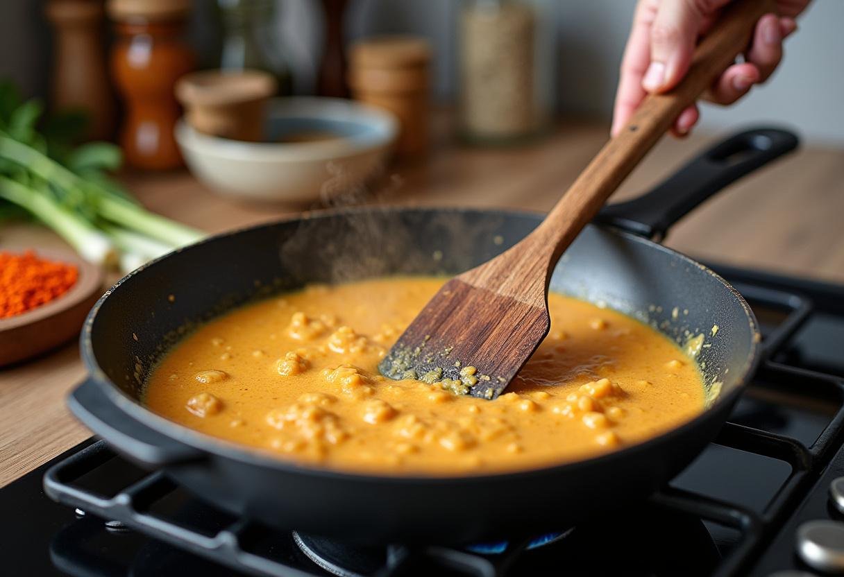 Stirring Lean Protein & Greens Stir-Fry in a frying pan, showcasing the cooking process.