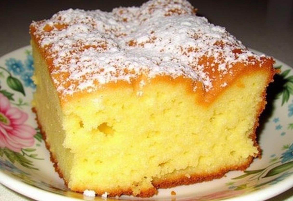 Finished Lemon Cream Cheese Dump Cake with powdered sugar, ready to serve.