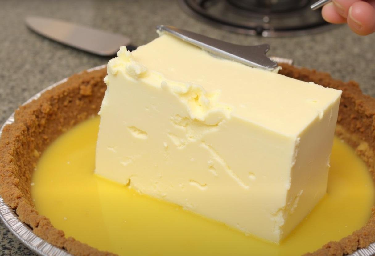Cream cheese slices placed over lemon pie filling for Lemon Cream Cheese Dump Cake.