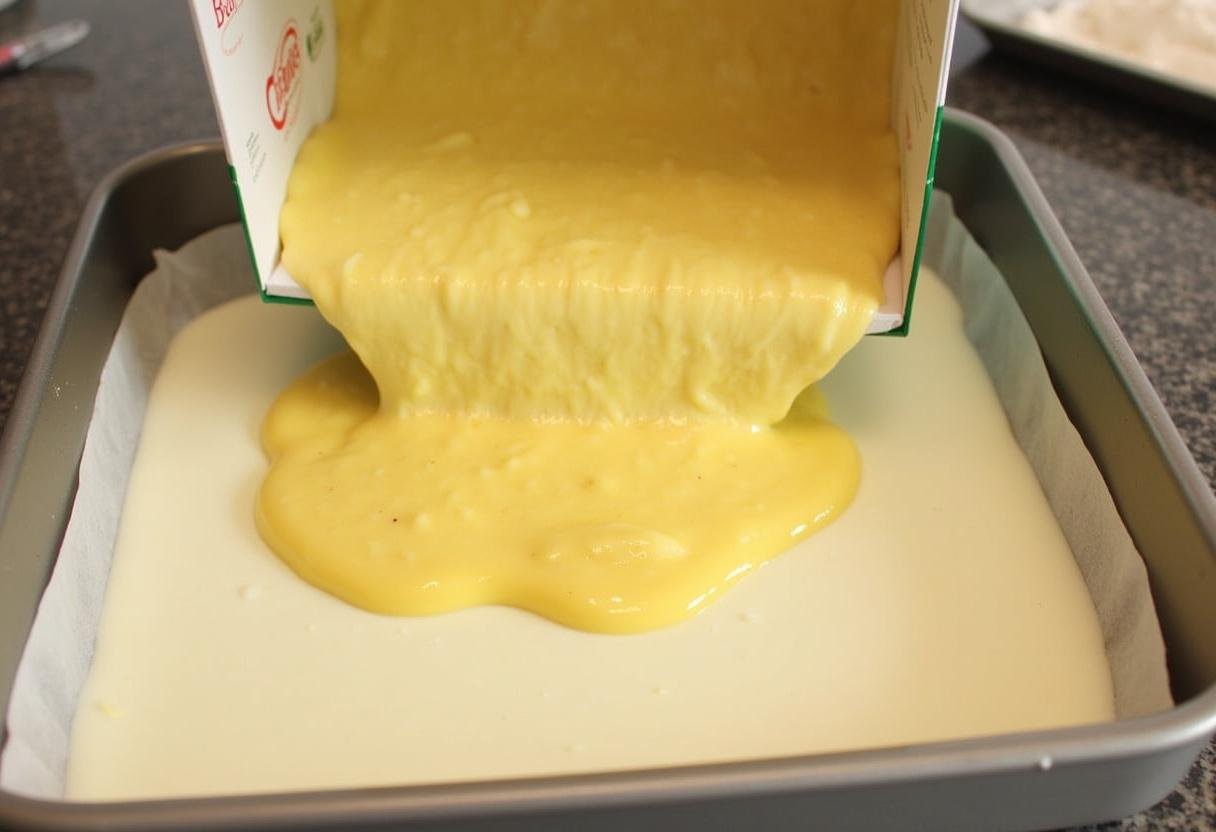 Yellow cake mix poured over cream cheese and lemon layers for dump cake.