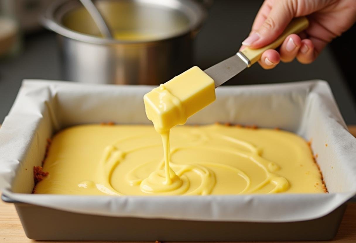 Melted butter drizzled over cake mix for Lemon Cream Cheese Dump Cake.