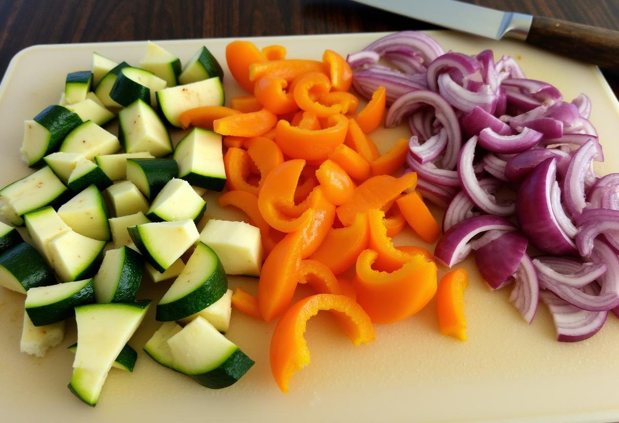 Fresh vegetables chopped for Lemon Herb Chicken & Veggies recipe.