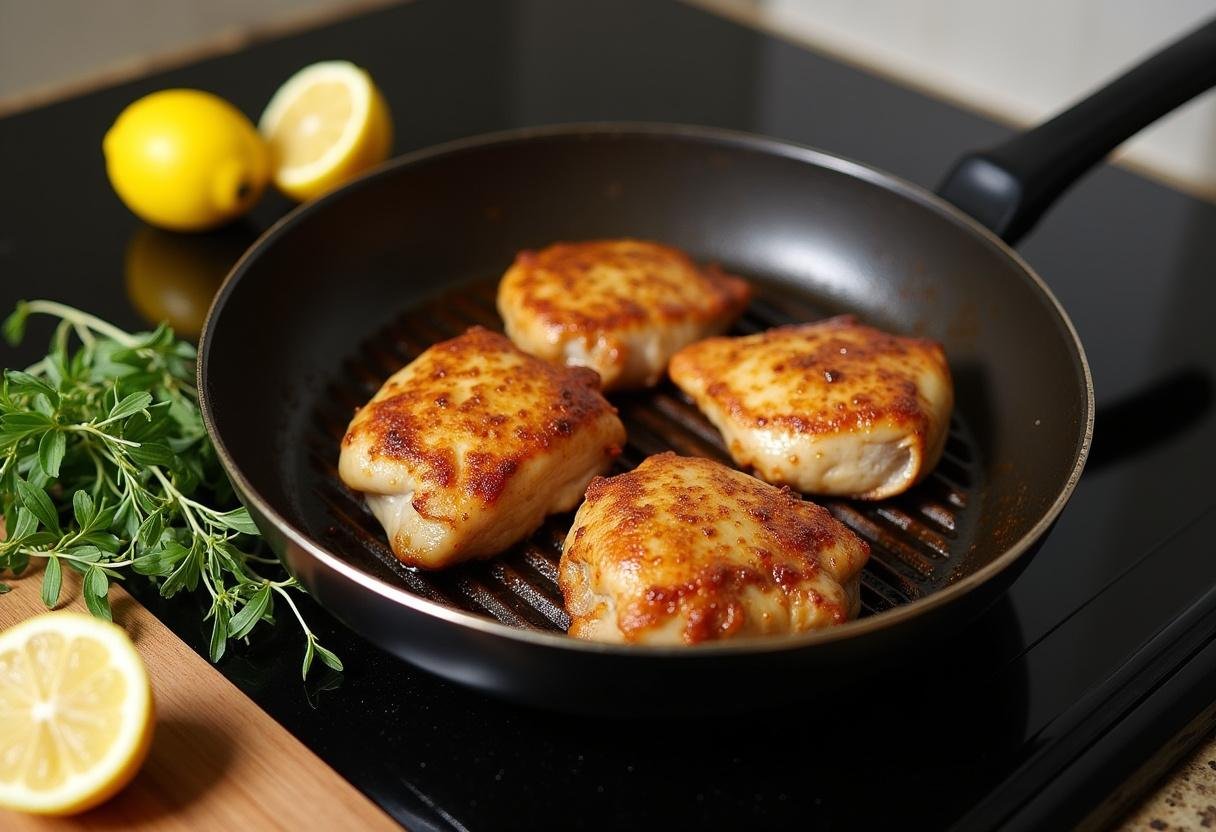 Grilling marinated chicken thighs for Lemon Herb Chicken & Veggies.