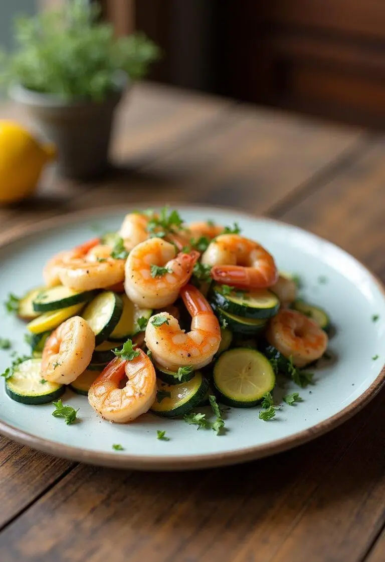 Finished Lemon Pepper Shrimp & Zucchini, a delicious seafood dish perfect for a healthy meal.
