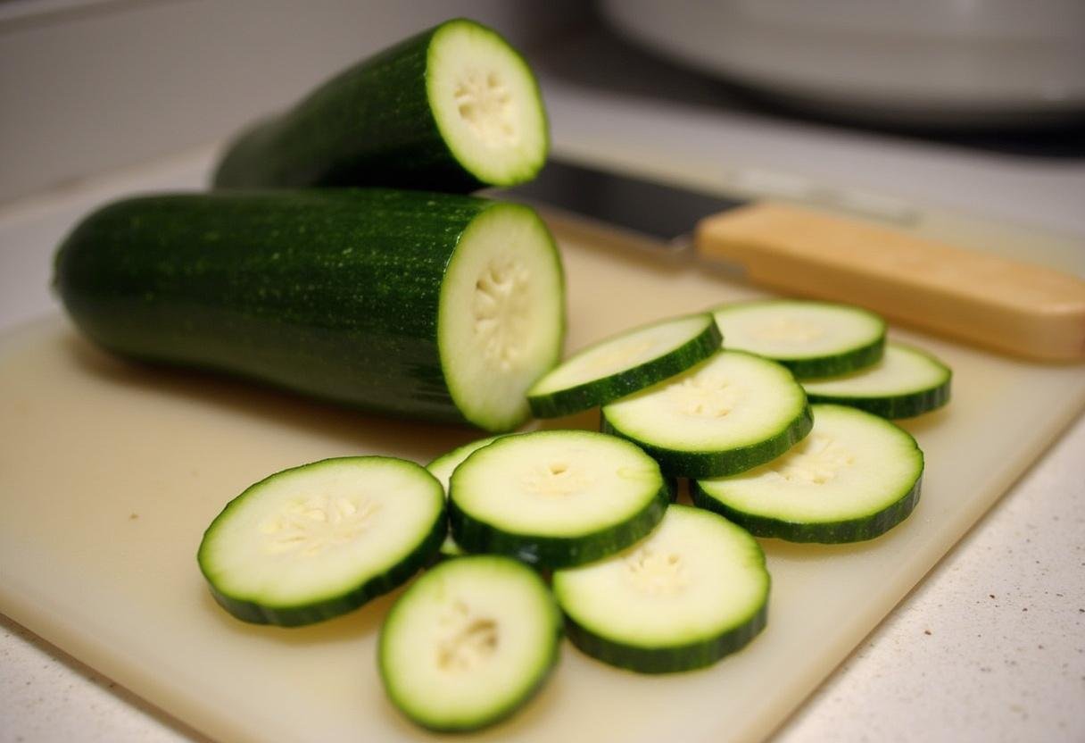 Fresh zucchini sliced for Lemon Pepper Shrimp & Zucchini recipe preparation.