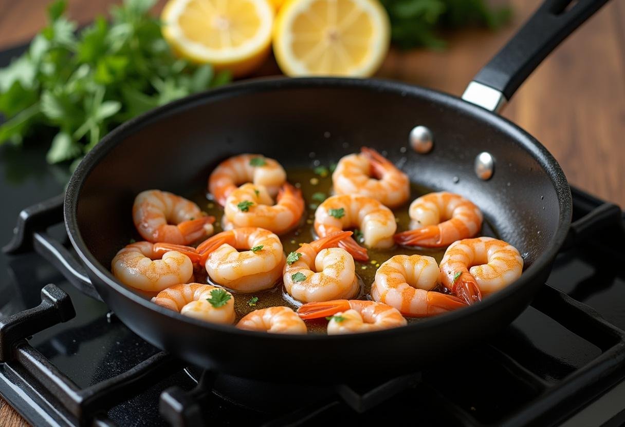 Shrimp sautéing in olive oil for Lemon Pepper Shrimp & Zucchini dish, with lemon and herbs nearby.