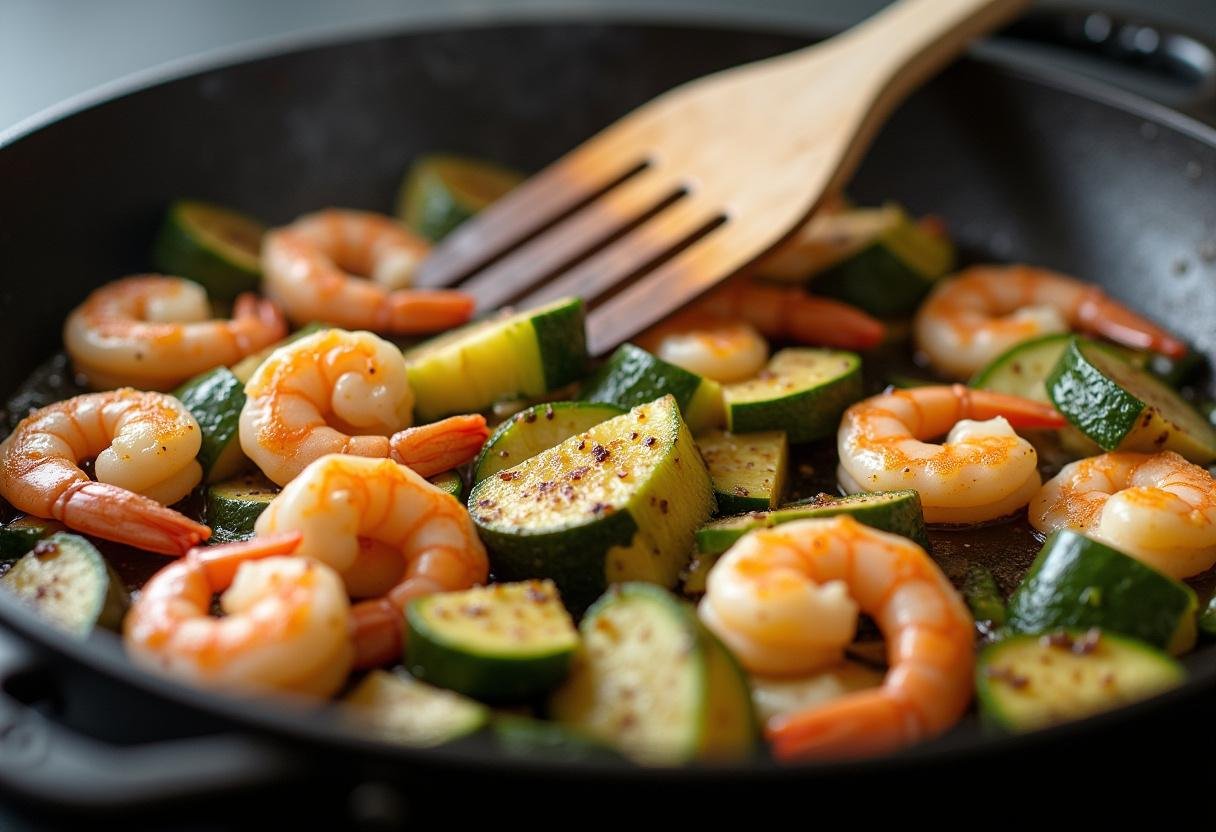 Stirring the Lemon Pepper Shrimp & Zucchini in the skillet for even cooking.