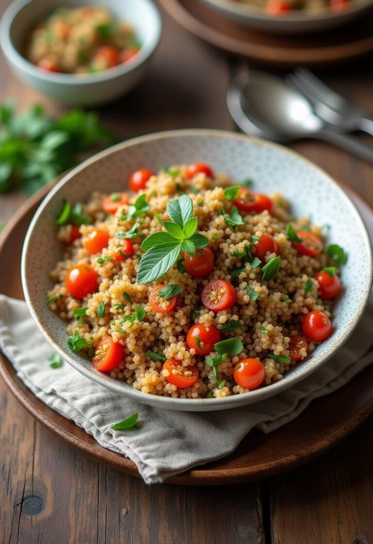 Colorful Mediterranean Quinoa Feast ready to serve, showcasing healthy ingredients and vibrant colors.