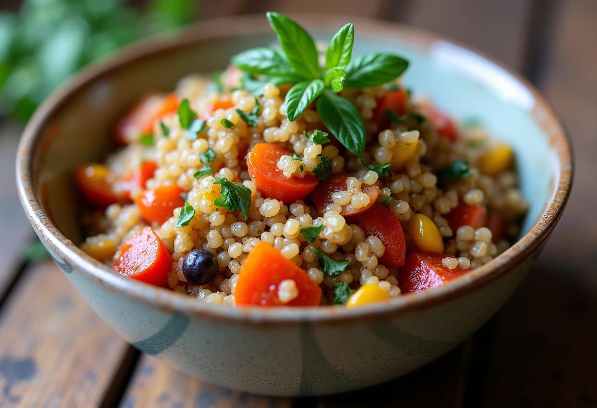 Colorful Mediterranean Quinoa Feast ready to serve, showcasing healthy ingredients and vibrant colors.