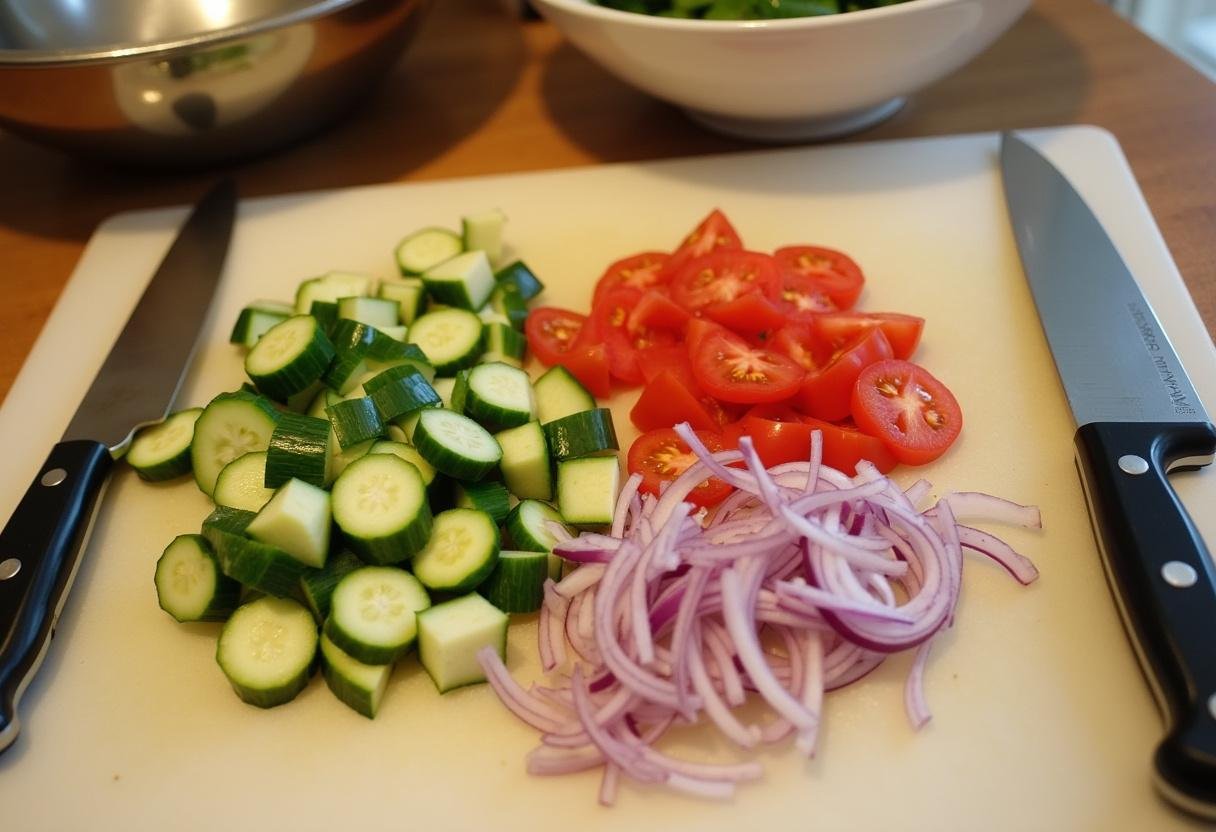 Chopped vegetables for Mediterranean Quinoa Feast, including cucumbers, tomatoes, and red onions.