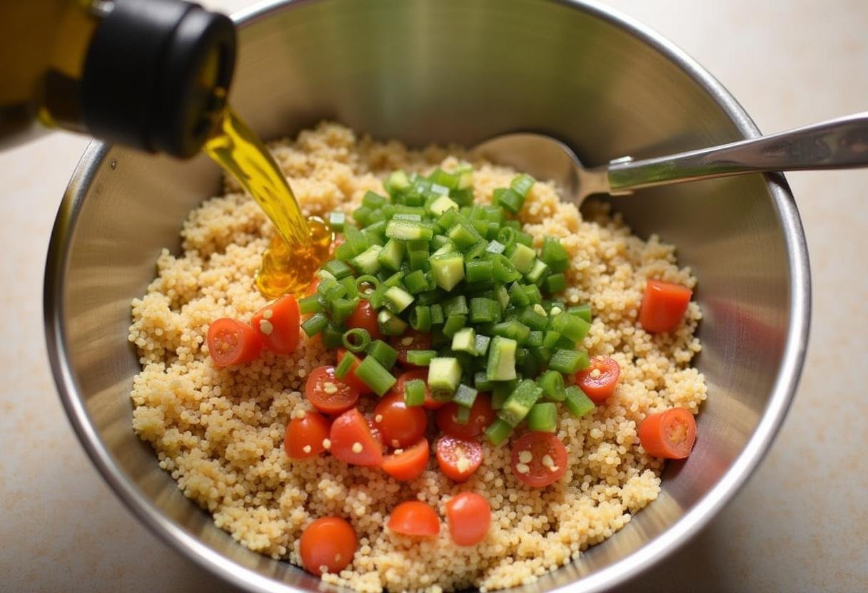 Cooked quinoa mixed with fresh vegetables to create Mediterranean Quinoa Feast.