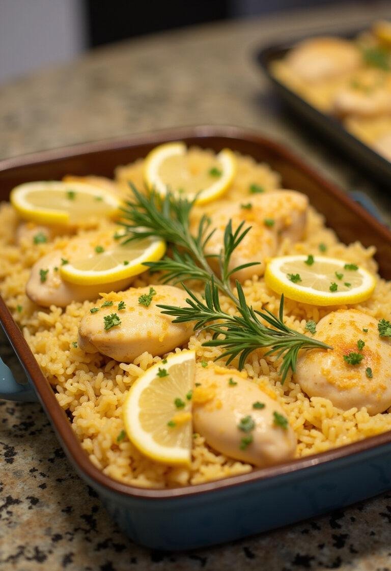 Finished Lemon Chicken Rice Bake garnished with herbs, perfect for a family meal.