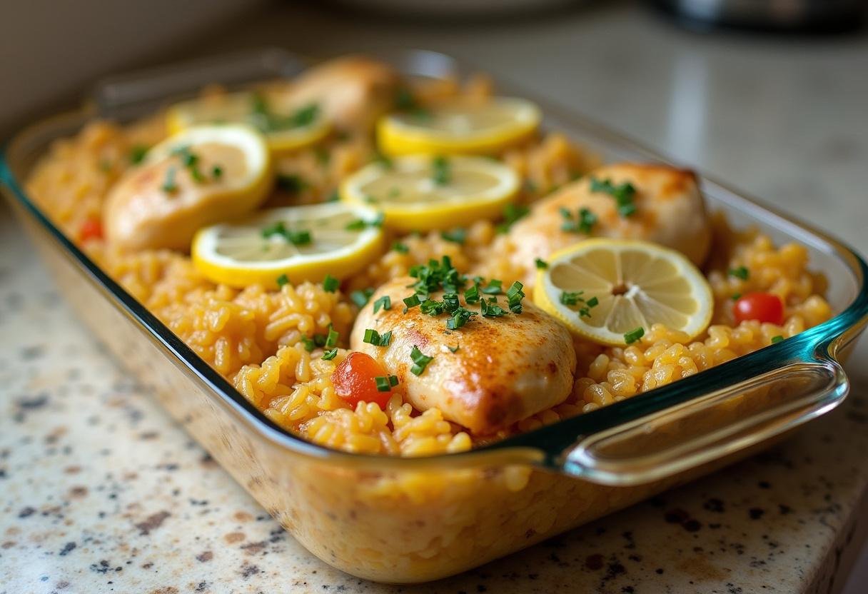 Finished Lemon Chicken Rice Bake garnished with herbs, perfect for a family meal.
