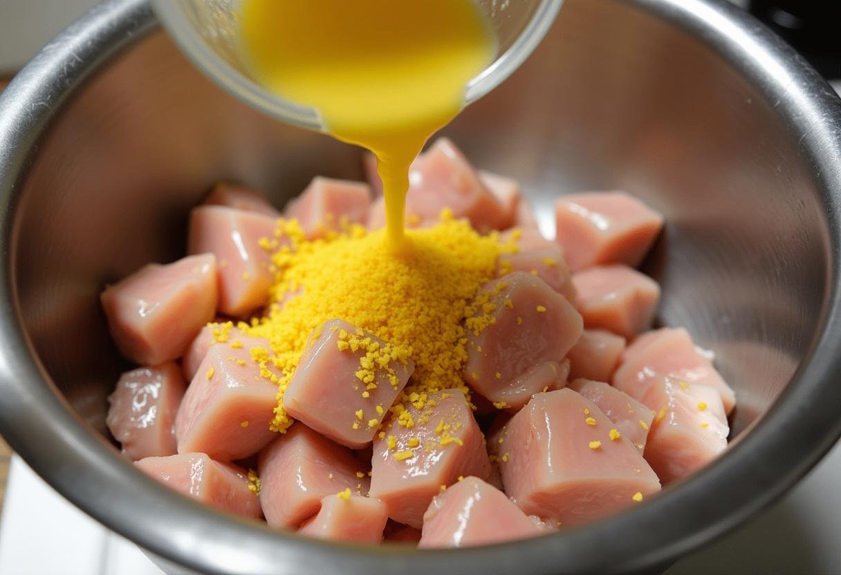 Adding lemon and seasonings to chicken for the Lemon Chicken Rice Bake preparation.