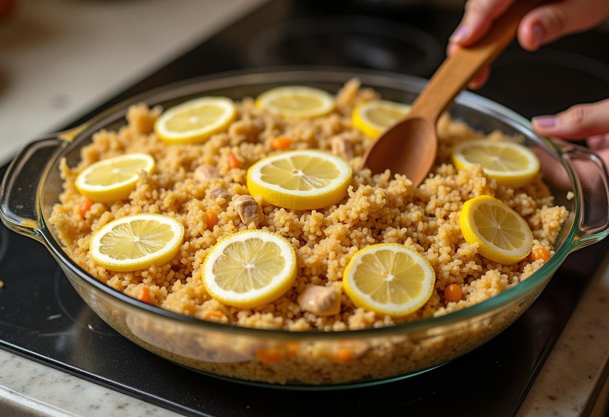 Filling a casserole dish with rice and chicken mixture for Lemon Chicken Rice Bake.