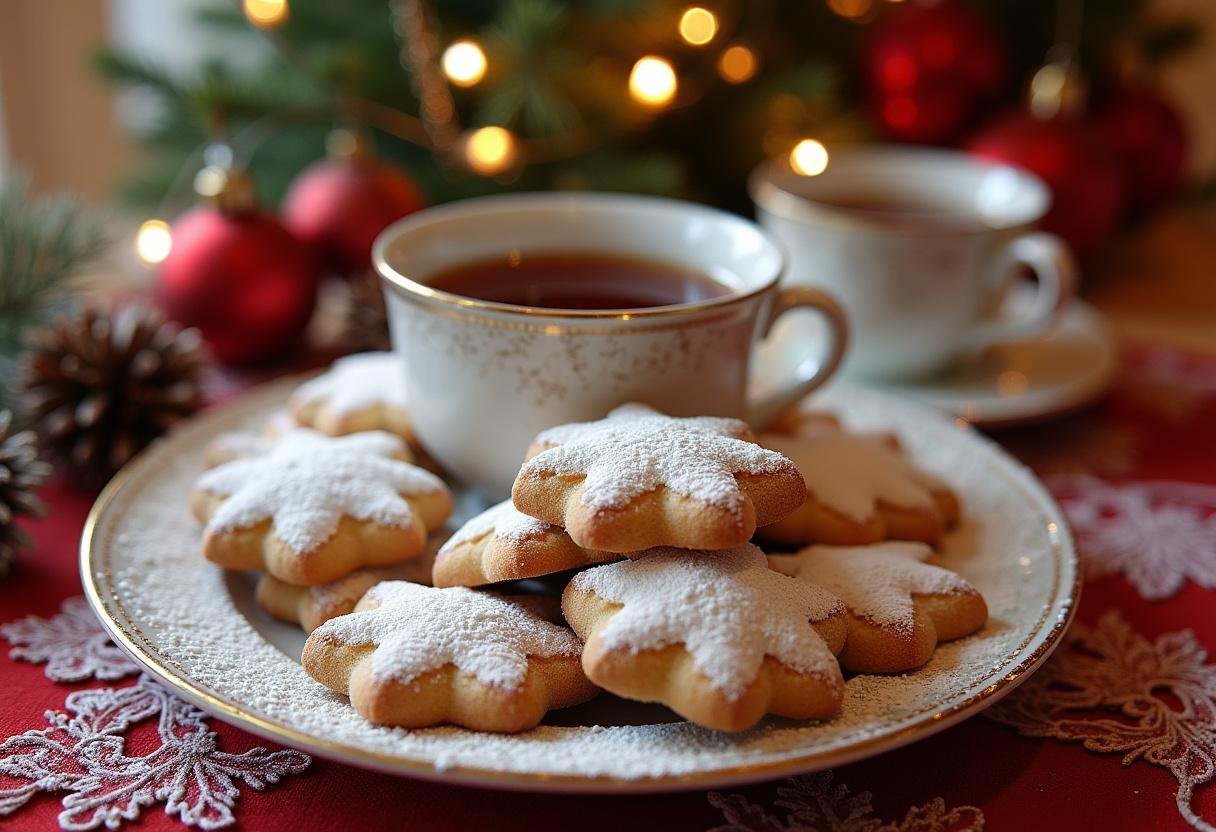 Finished Mom’s Russian Tea Cookies dusted with powdered sugar, perfect with tea.