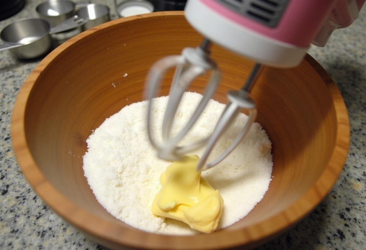 Creaming butter and powdered sugar for Mom’s Russian Tea Cookies.