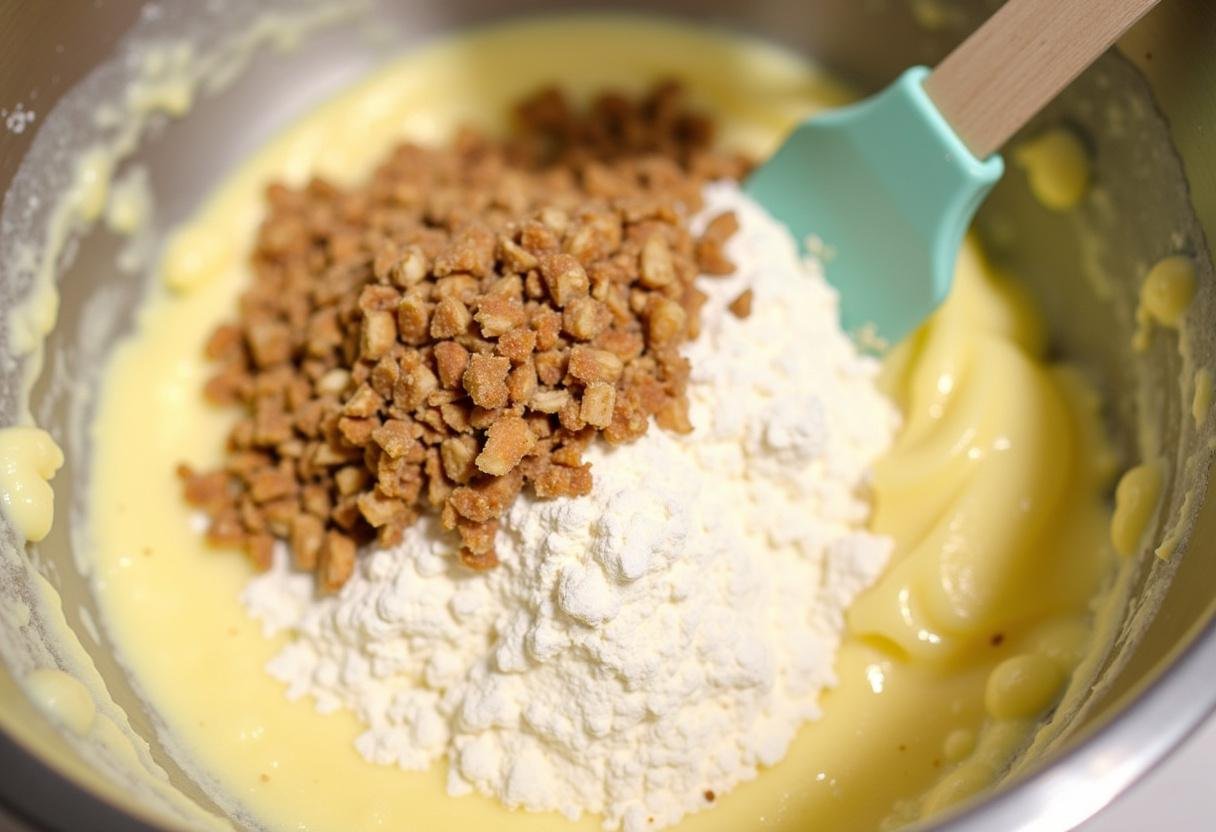 Adding flour and nuts to the dough for Russian Tea Cookies.