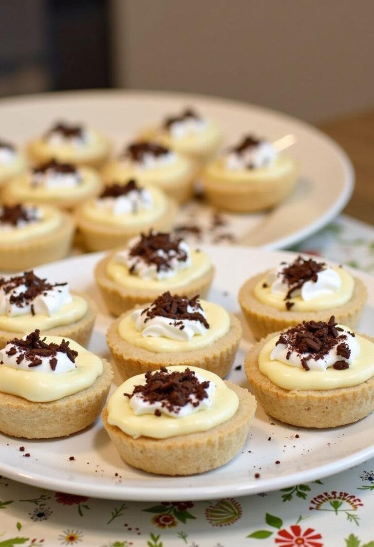 Finished No-bake Mini Banana Cream Pies ready to delight at any dessert gathering.