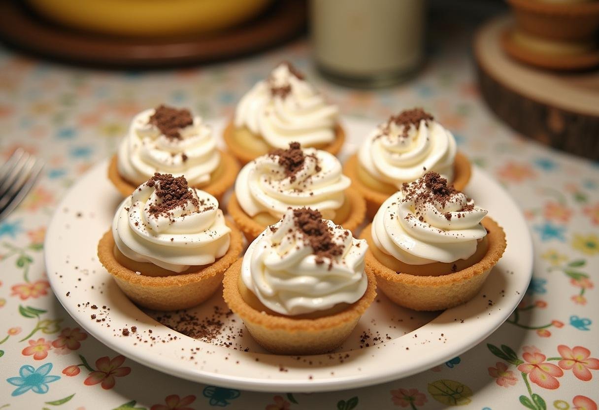 Finished No-bake Mini Banana Cream Pies ready to delight at any dessert gathering.