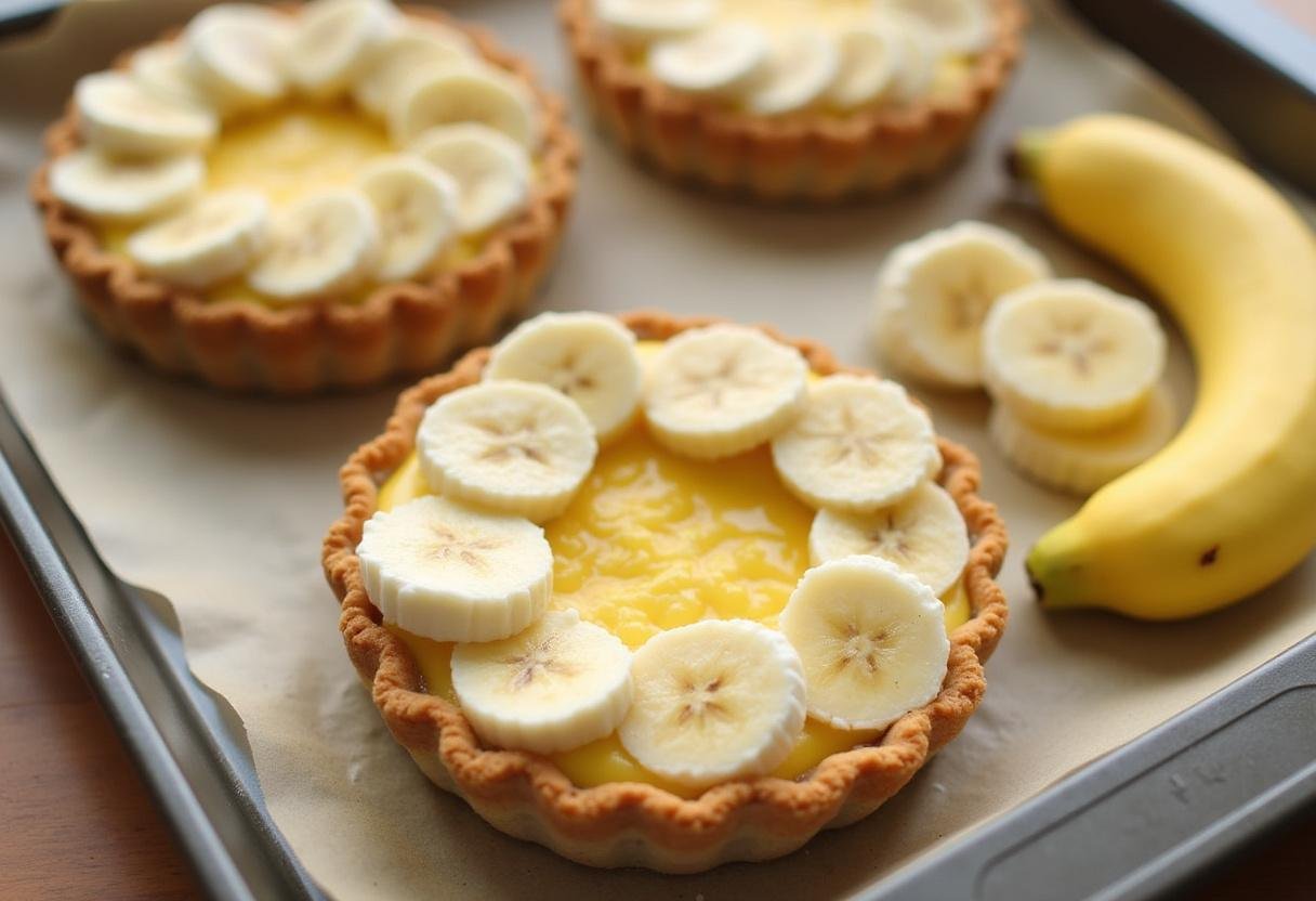 Mini crusts filled with layers of banana and cream for No-bake Mini Banana Cream Pies.