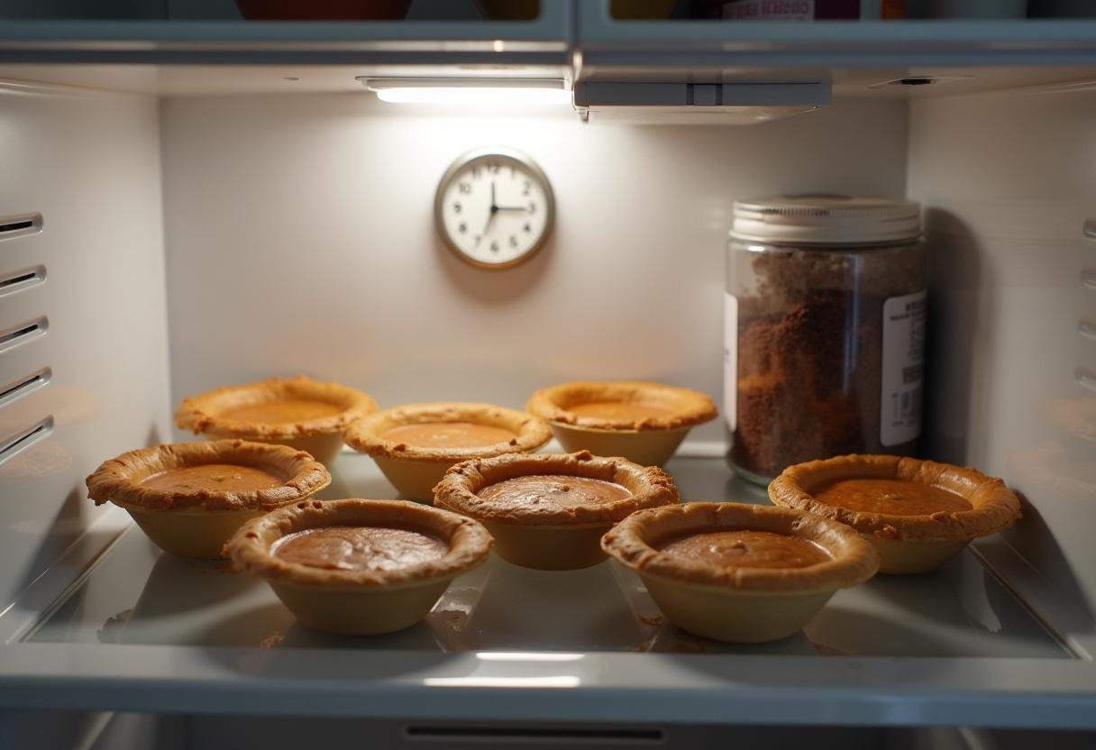 Mini Banana Cream Pies being chilled in the refrigerator before serving.