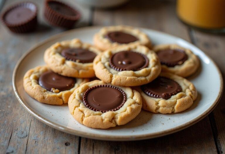 Delicious Peanut Butter Cup Cookies with gooey chocolate centers, ready to enjoy.