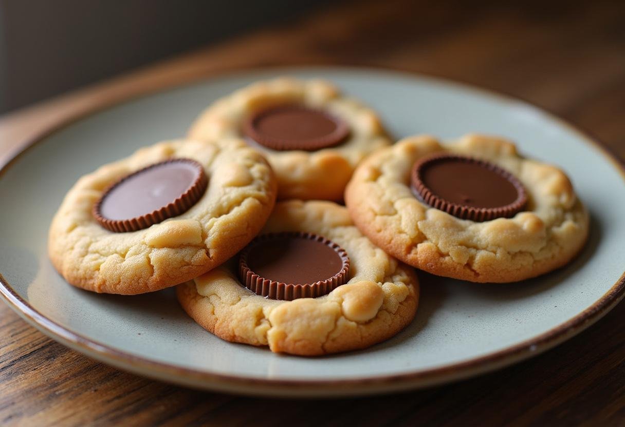 Delicious Peanut Butter Cup Cookies with gooey chocolate centers, ready to enjoy.
