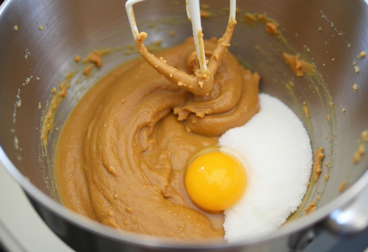 Ingredients for Peanut Butter Cup Cookies including peanut butter, sugar, and egg.