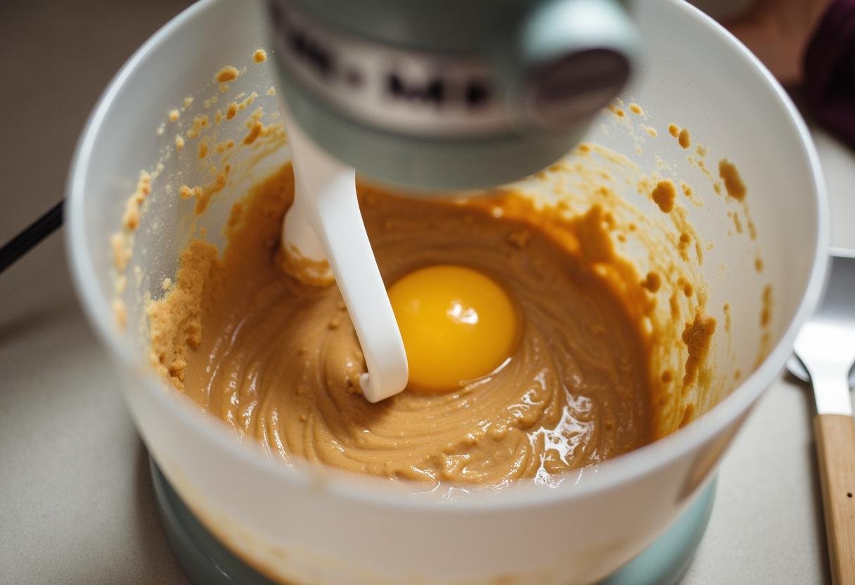 Peanut butter cookie dough being mixed in a stand mixer.