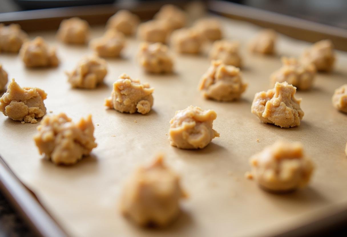 Peanut butter cookie dough scoops arranged on a baking sheet.