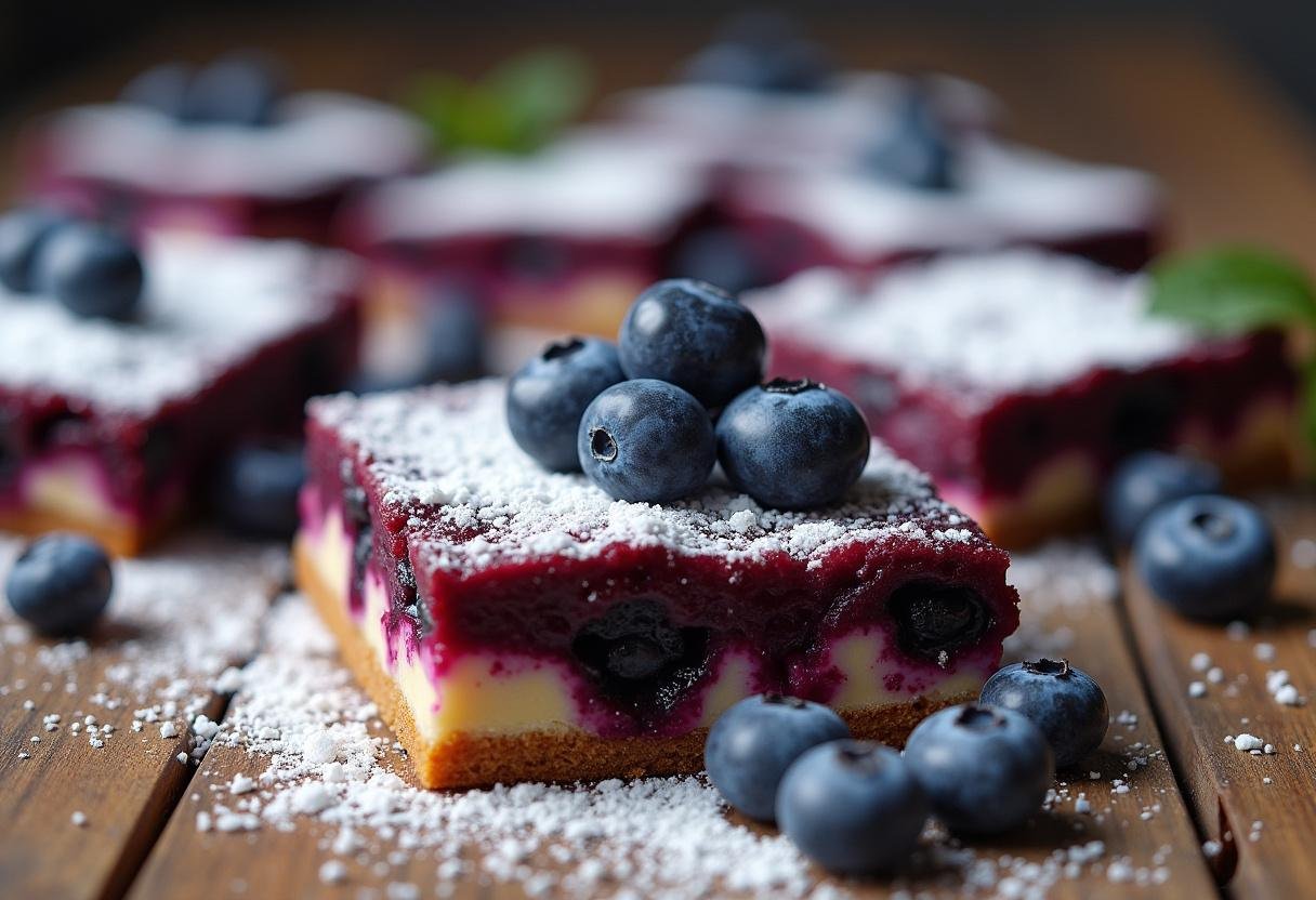 Delicious Quick Blueberry Cream Cheese Bars served with fresh blueberries and powdered sugar.