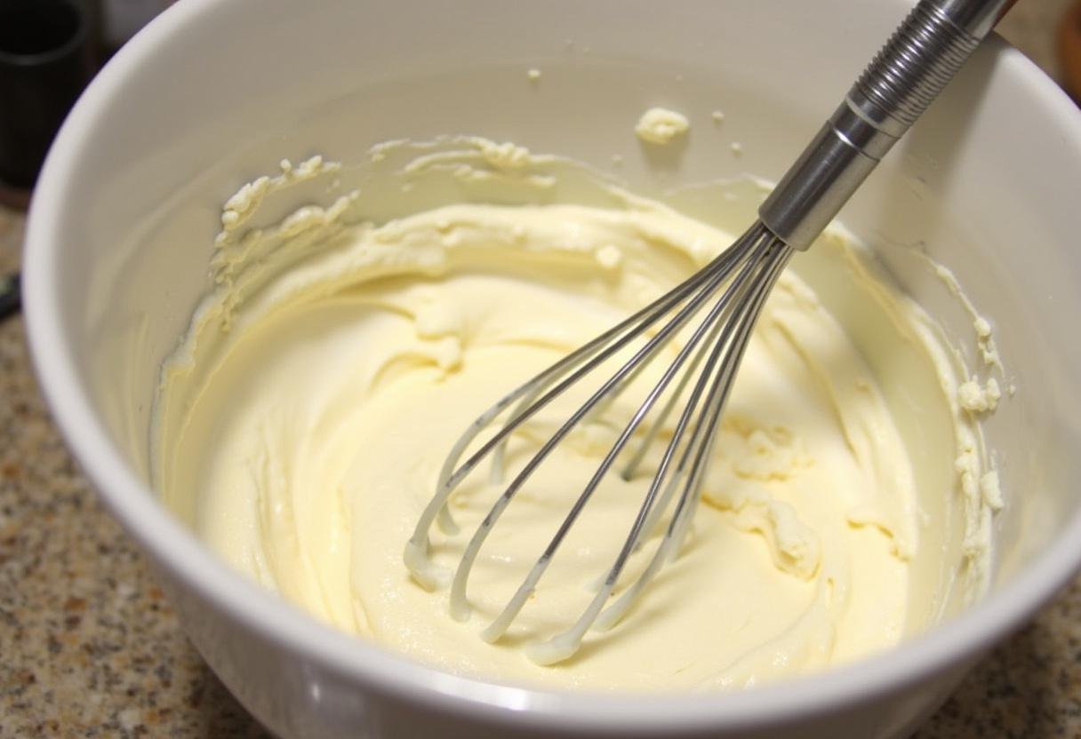 Mixing cream cheese with sugar and vanilla for Quick Blueberry Cream Cheese Bars recipe.