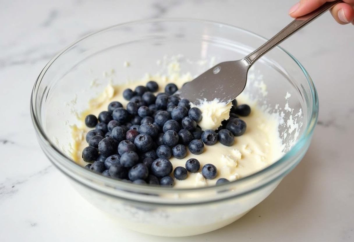 Folding fresh blueberries into the cream cheese mixture for Blueberry Cream Cheese Bars.